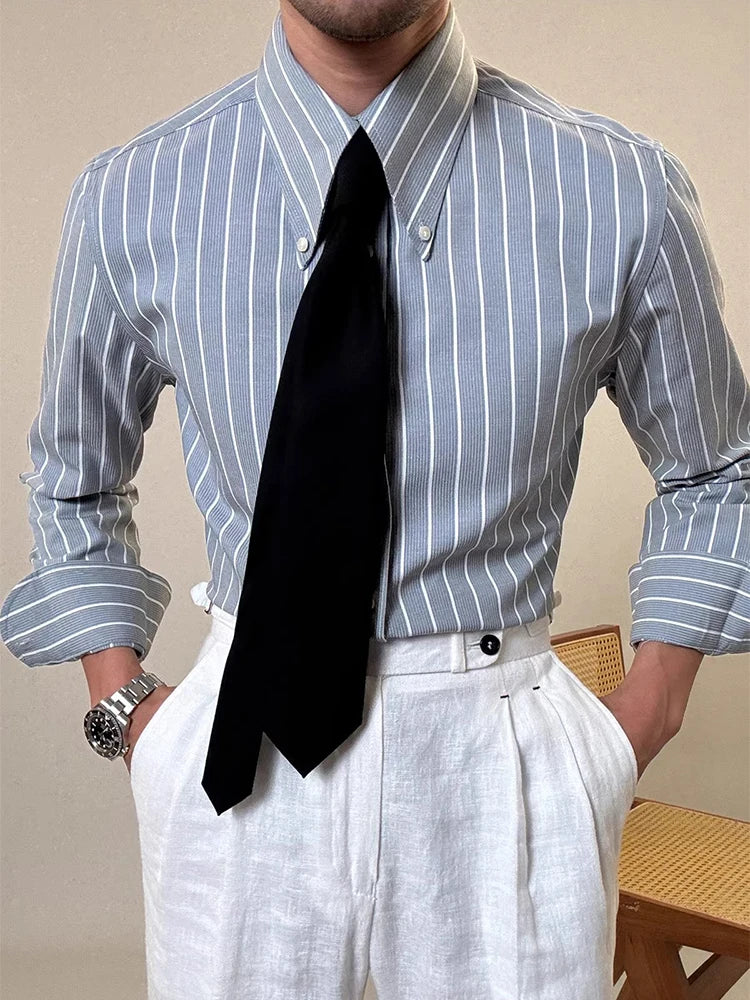 Vintage Striped Printed Slim Shirts Mens Casual Long Sleeve Lapel Buttoned Shirt 2025 Spring Fall Mens Shirt Naple Style Clothes Lootquake LLC