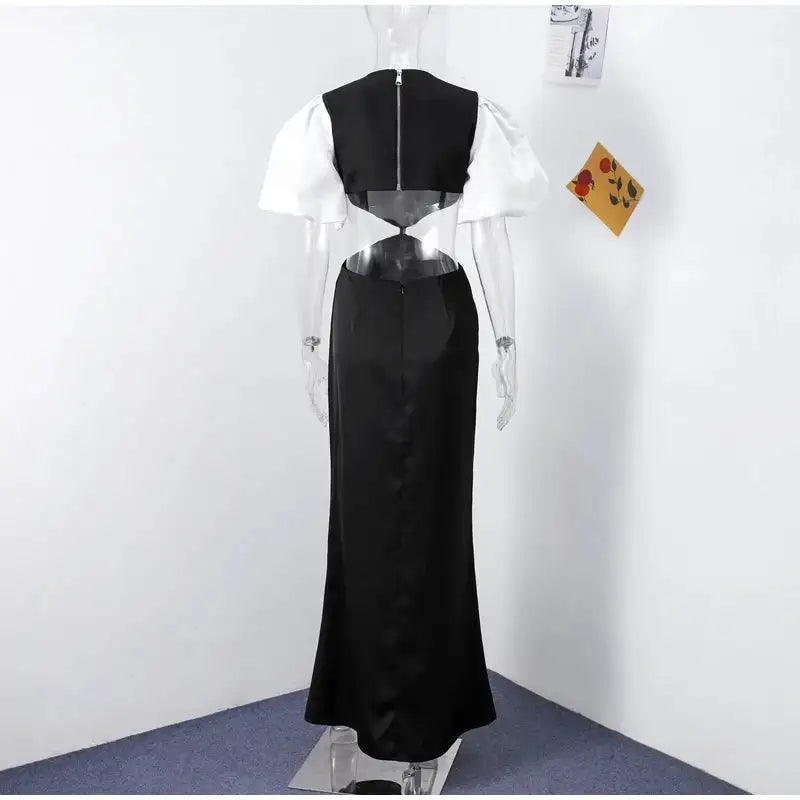 Elegant Puff Sleeve Long Dress For Women 2025 Sexy Hollow Out Waist Evening Party Dresses Female Vacation Lady Chic Beach Robe