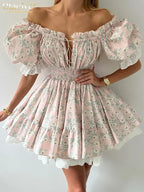 Clacive Summer Slim Print Women's Dress Fashion Slash Neck Short Sleeve Mini Dresses Elegant High Waist Patchwork Female Dress