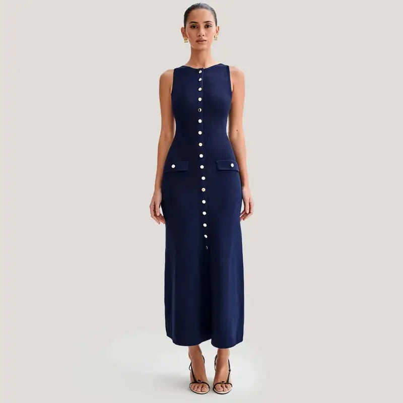 Fashion Knitted Long Dress For Women Elegant Sleeveless Button Maxi Sweater Bodycon Dresses Female Party Fashion Vestidos 2024 N
