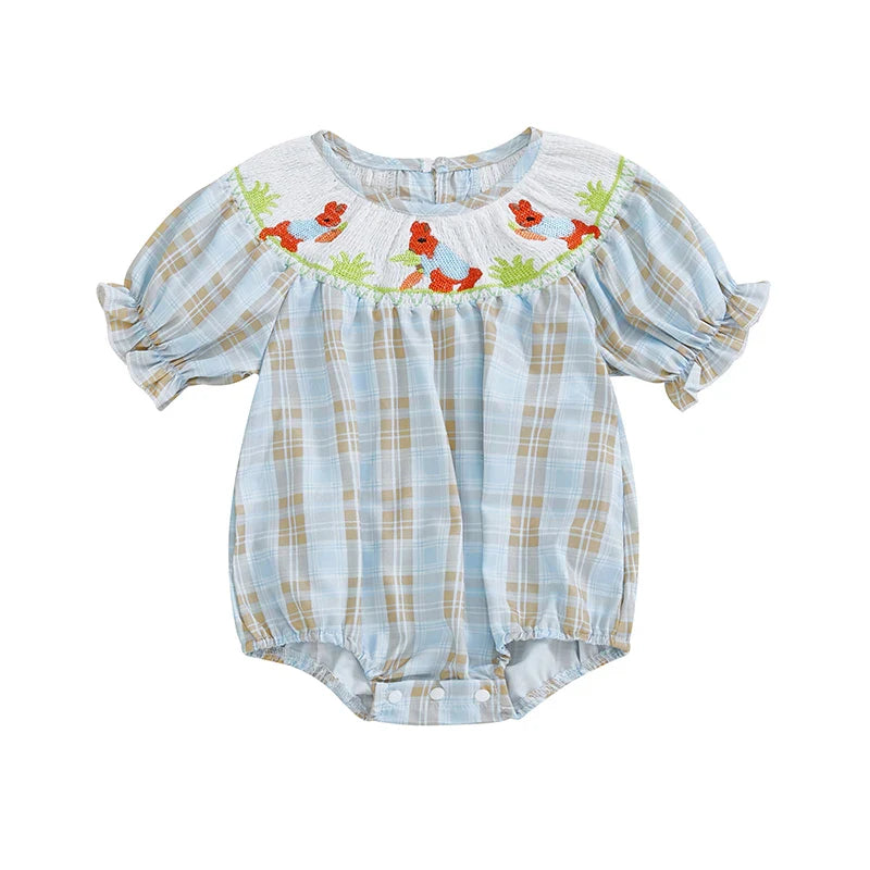 Adorable Infant Easter Jumpsuit with Sweet Bunny Embroidery and Smocked Detailing - Stylish Short Sleeve Baby Girl Outfit for Lootquake LLC