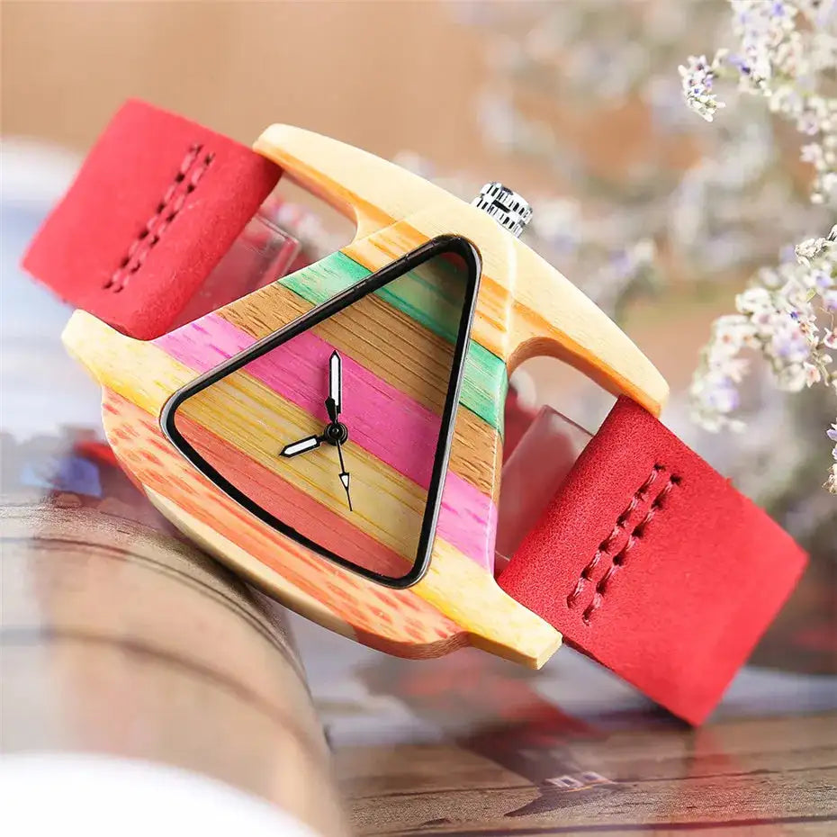 Unique Triangle Women's Wood Watch Creative Colorful Lady Green/ Red Genuine Leather Wristwatch Elegant Womens Watches Top Gifts