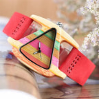 Unique Triangle Women's Wood Watch Creative Colorful Lady Green/ Red Genuine Leather Wristwatch Elegant Womens Watches Top Gifts