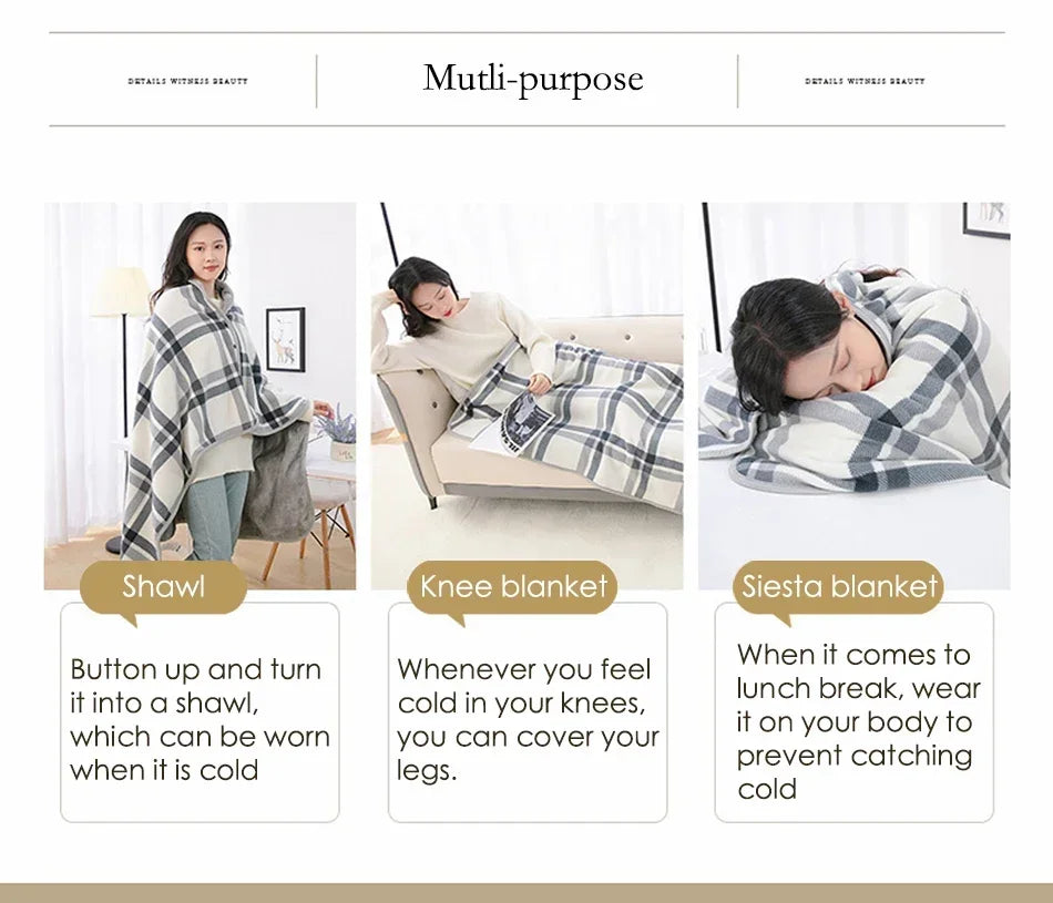 Thick Plaid Blanket Warm Winter Wearable Blanket Adults Office Travel Soft Fleece Throw Blankets With Button Home Shawl Lootquake LLC