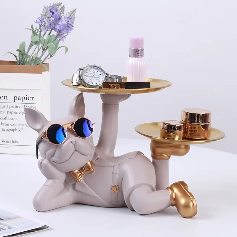 Resin Bulldog Desktop Storage Statue Animal Sculpture Dining Table Decor Multi Functional Office Home Decoration Tray Decor Pi-Mart