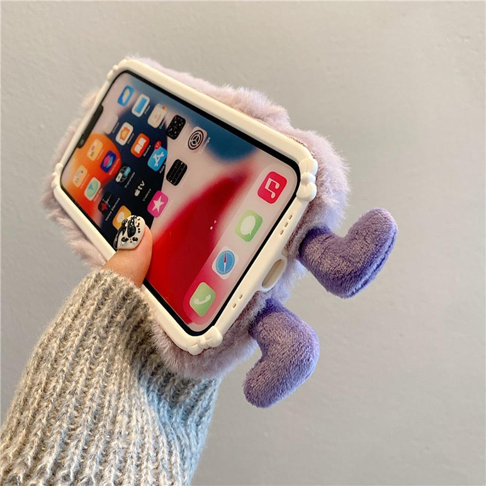3D Cute Hairy Fluffy Fur Plush Winter Warm Phone Case For iPhone 14 13 12 11 Pro Max Plus Soft Cartoon Back Cover  Cute Fuzzy Furry Case Fashion Luxury Case Stevvex