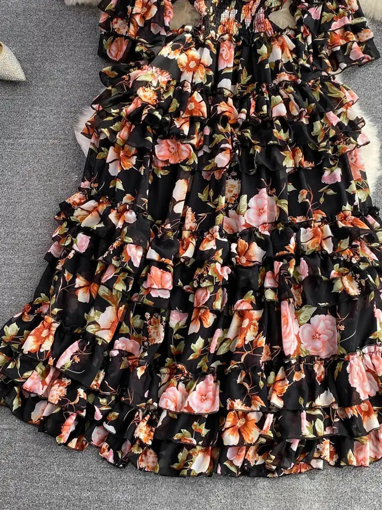 Summer New Off Shoulder  Wrap Waist to Show Thin A-line Fragmented Cake Dress Women's Beach Vacation Chiffon Long Dress GD820