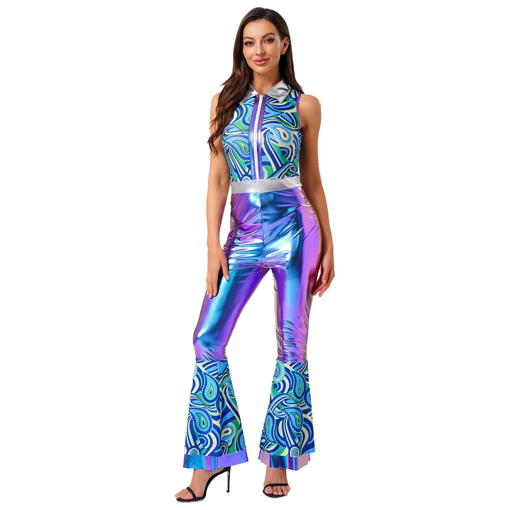Womens Halloween Retro Hippie Cosplay Costume Party Hip-hop Dance Costume Metallic Shiny Vintage Carnival Bodysuit Jumpsuit Lootquake LLC