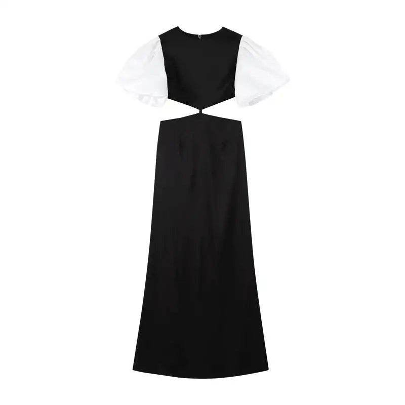 Elegant Puff Sleeve Long Dress For Women 2025 Sexy Hollow Out Waist Evening Party Dresses Female Vacation Lady Chic Beach Robe