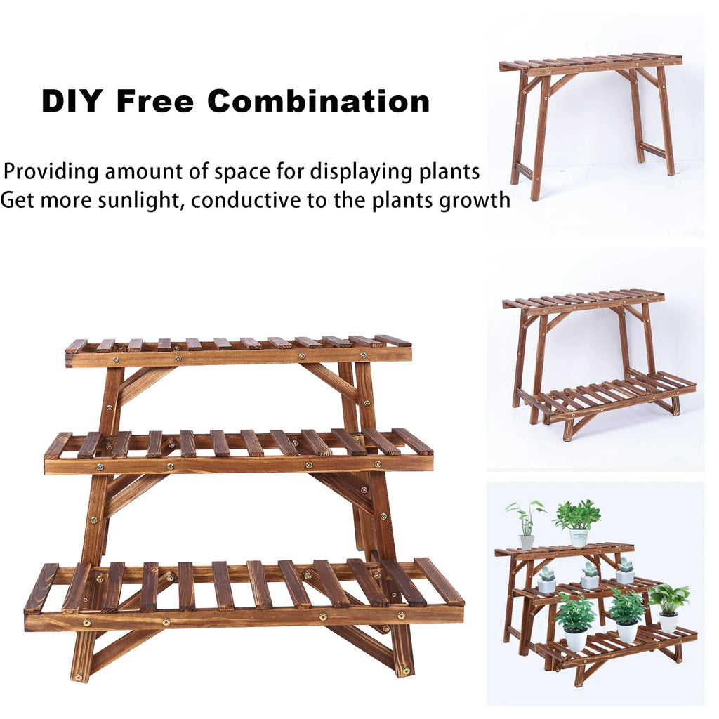 3 Tier Freestanding Ladder Shelf Wood Plant Stand Indoor Outdoor Plant Display Rack Flower Pot Holder Planter Organizer