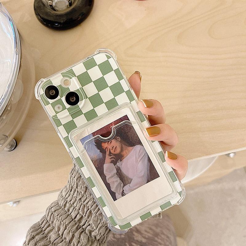 Glamorous Phone Case Shiny Transparent Card Holder Slim Soft Silicone Shockproof Case For iPhone 14 13 11 12 Pro Max 7 8 Plus Cute Green Checkerboard Clear Cover For iPhone X XR XS Shockproof Card Holder Phone Case Stevvex