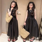 Girls Dresses 2024 New Fashionable Girls' Summer High End Black Solid Long Dress for Children's Summer Sleeveless Vest Dress