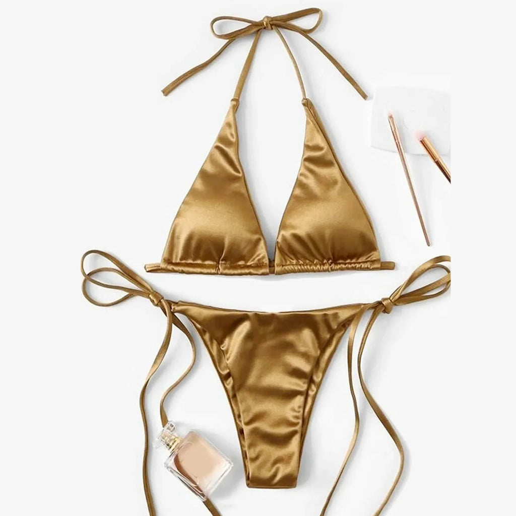 ShimmerWave: Luxe Satin Brazilian Bikini Set THRIXINE