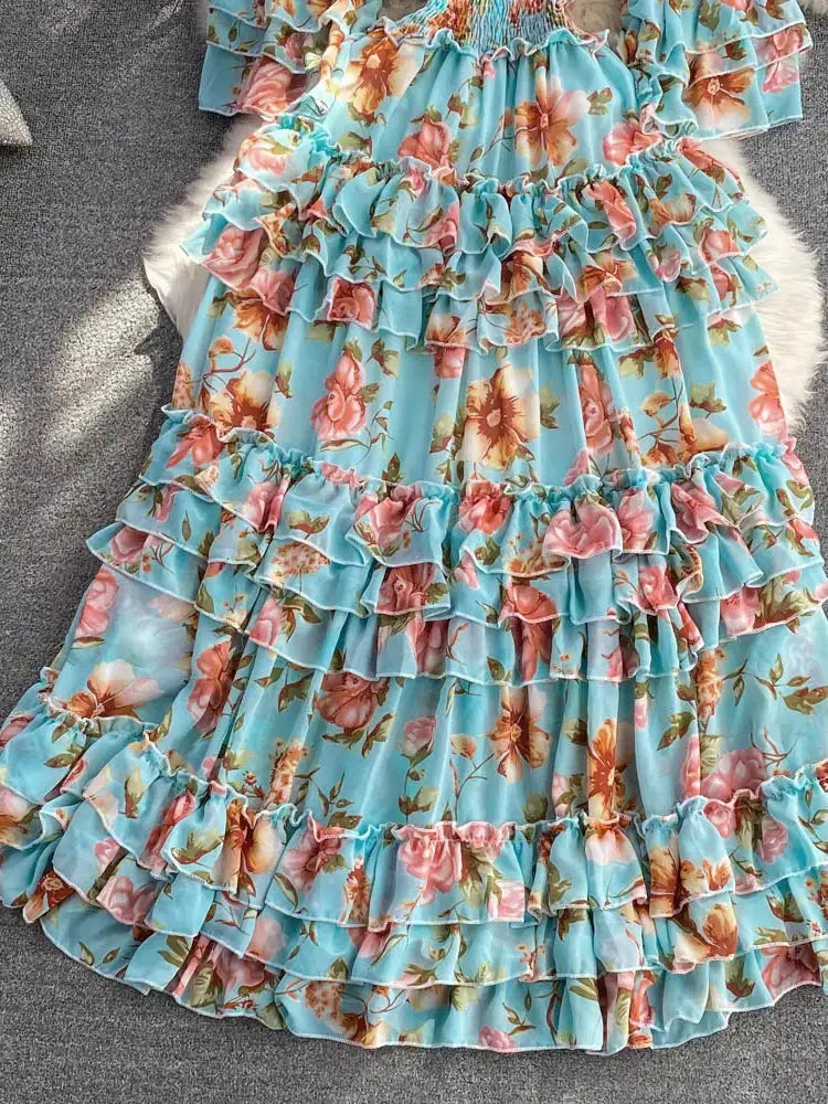 Summer New Off Shoulder  Wrap Waist to Show Thin A-line Fragmented Cake Dress Women's Beach Vacation Chiffon Long Dress GD820