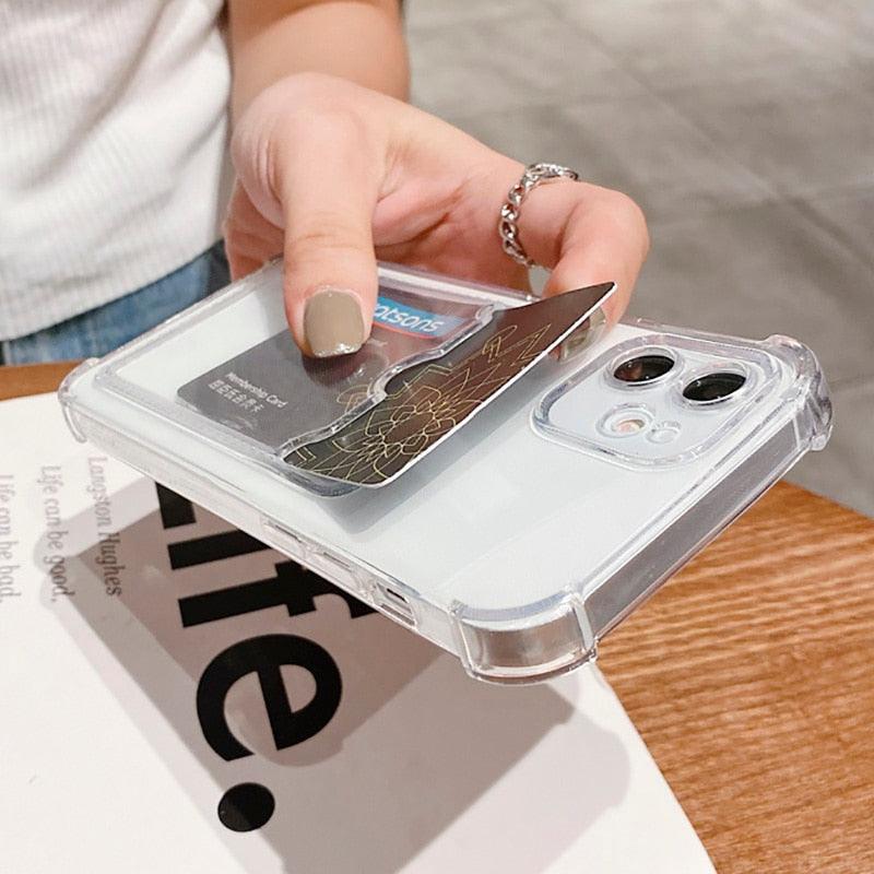 Transparent Card Slot Holder Case For iPhone11 13 12 Pro Max X XS XR Max 8 Plus Clear Shockproof Soft Wallet Cover Clear Case with Card Slot Slim Fit Shockproof Soft Protective Case Stevvex