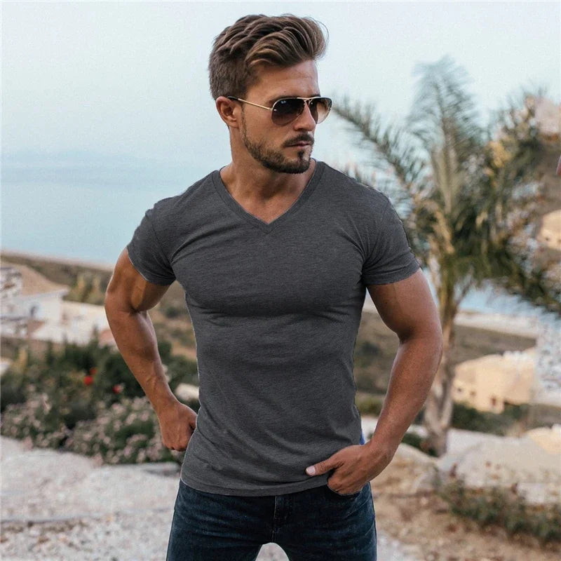 Men Fashion V Neck Short Sleeve Fitness Workout Summer Breathable Cotton - SJB-DIAMOND ELITES