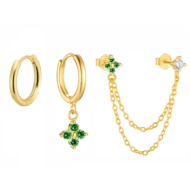 3PCS New Fashion Four Zircon Flower Hoop Earring Set For Women Stainless Steel Double Stud Chain Tassel Huggie Piercing Jewelry Lootquake LLC