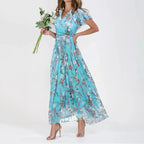 Vestidos Verano Moda 2024 Women's Swing Long Dress Chiffon Floral Short Sleeve Ruffle V Neck Fashion Waist Flowy Dress платье