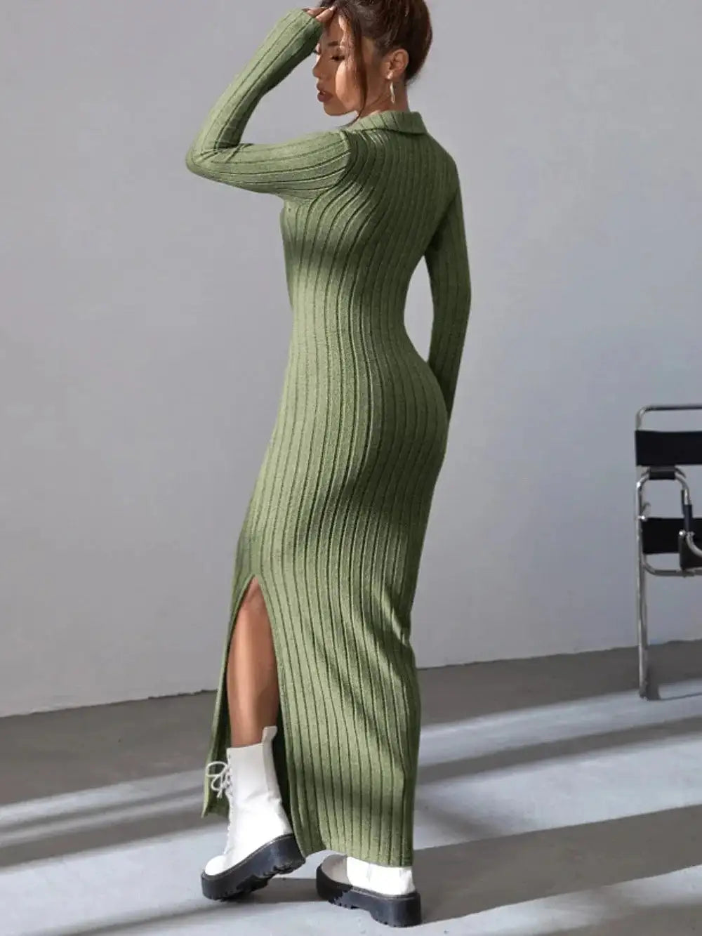 2024 Spring/Summer Knitted Dress Slim Fit Fashion Casual Women's Lapel Long sleeved Dress Concave Stripe Solid Color Long Dress