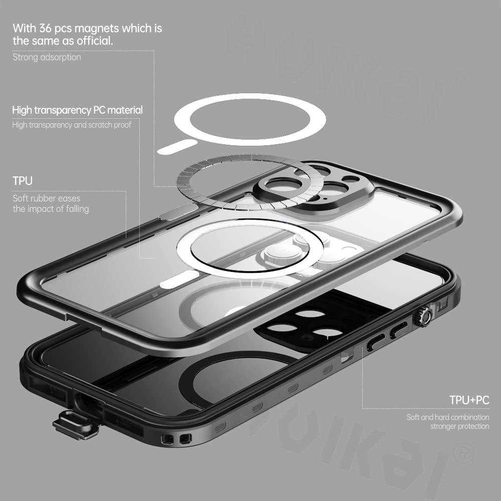 Waterproof Case For iPhone 14 Pro Max 14 Pro iPhone 13 Pro Max Protector Full Body Protective Dustproof Magnetic Phone Case Waterproof 360 Degree All-Round Protection with Built-in Screen Protector Outdoor Transparent  Shockproof Case Stevvex