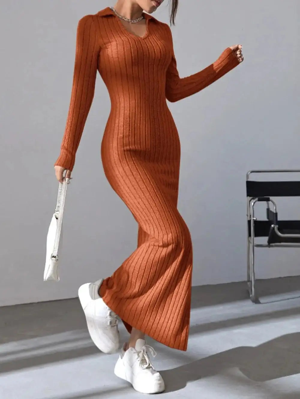 2024 Spring/Summer Knitted Dress Slim Fit Fashion Casual Women's Lapel Long sleeved Dress Concave Stripe Solid Color Long Dress
