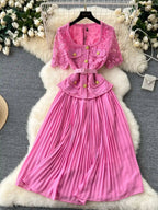 Designer 2025 Summer Pleated Chiffon Lace Long Dress Women Flower Embroidery Gold Button Belt Evening Party Dresses Wedding Robe Lootquake LLC