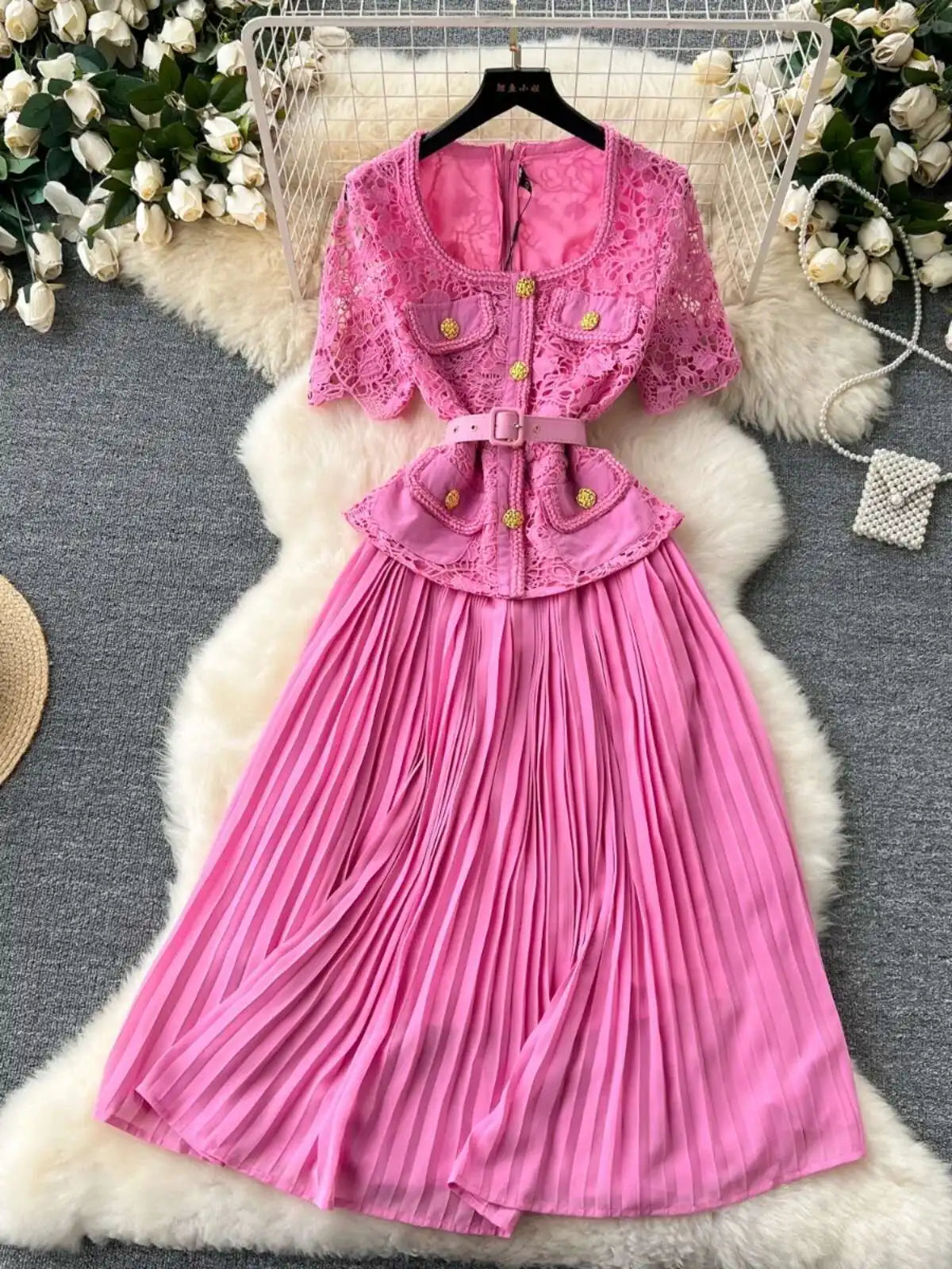 Designer 2025 Summer Pleated Chiffon Lace Long Dress Women Flower Embroidery Gold Button Belt Evening Party Dresses Wedding Robe Lootquake LLC