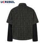 Plaid Spliced Fake Two Pieces Shirts Mens High Street Spring Loose Single Breasted Long Sleeve Lapel Shirts Shirts Men Lootquake LLC