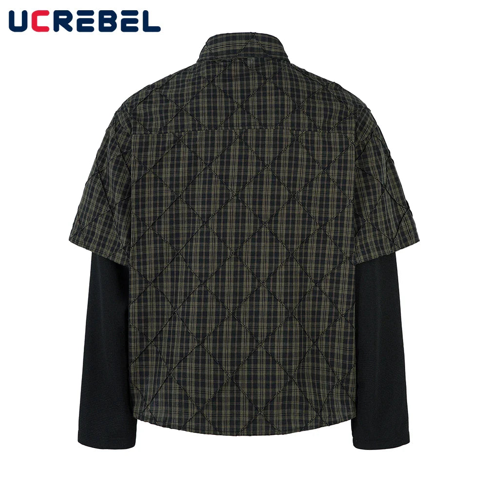 Plaid Spliced Fake Two Pieces Shirts Mens High Street Spring Loose Single Breasted Long Sleeve Lapel Shirts Shirts Men Lootquake LLC