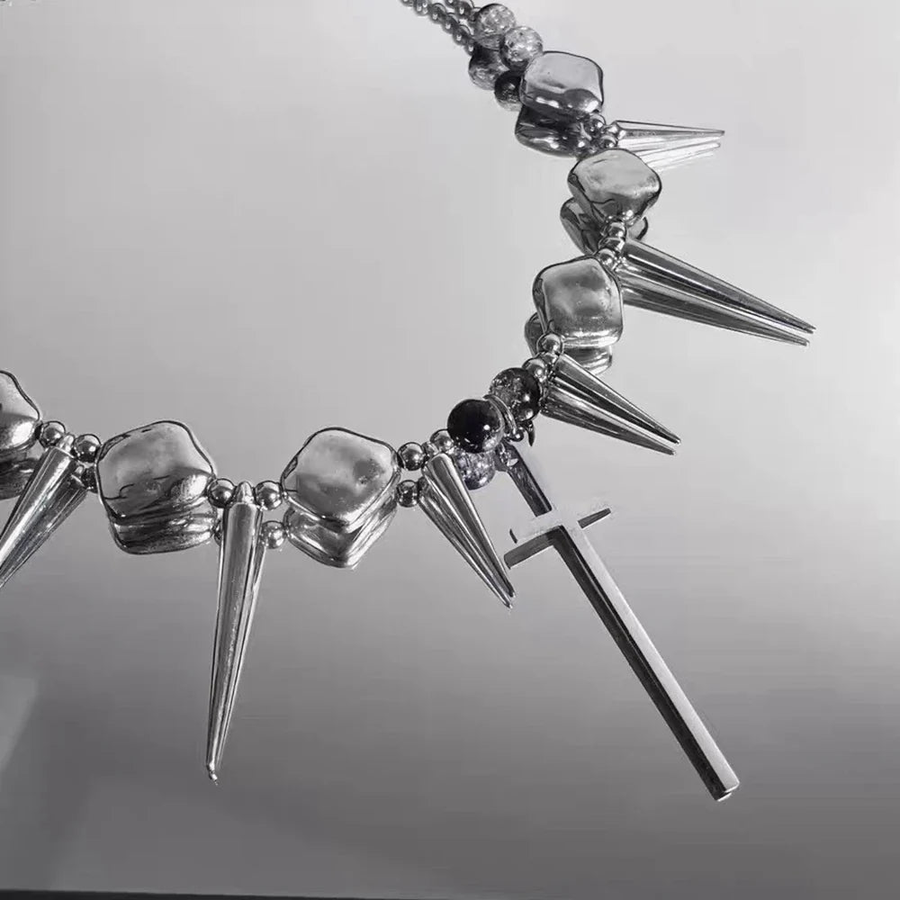 Retro Y2K Long Spike Rivet Necklace Stainless Steel Cross Hip Hop Necklace for Women Vintage Grunge Style Party Jewelry Lootquake LLC