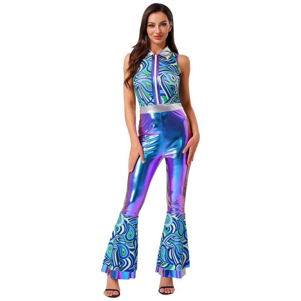 Womens Halloween Retro Hippie Cosplay Costume Party Hip-hop Dance Costume Metallic Shiny Vintage Carnival Bodysuit Jumpsuit Lootquake LLC