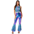 Womens Halloween Retro Hippie Cosplay Costume Party Hip-hop Dance Costume Metallic Shiny Vintage Carnival Bodysuit Jumpsuit Lootquake LLC