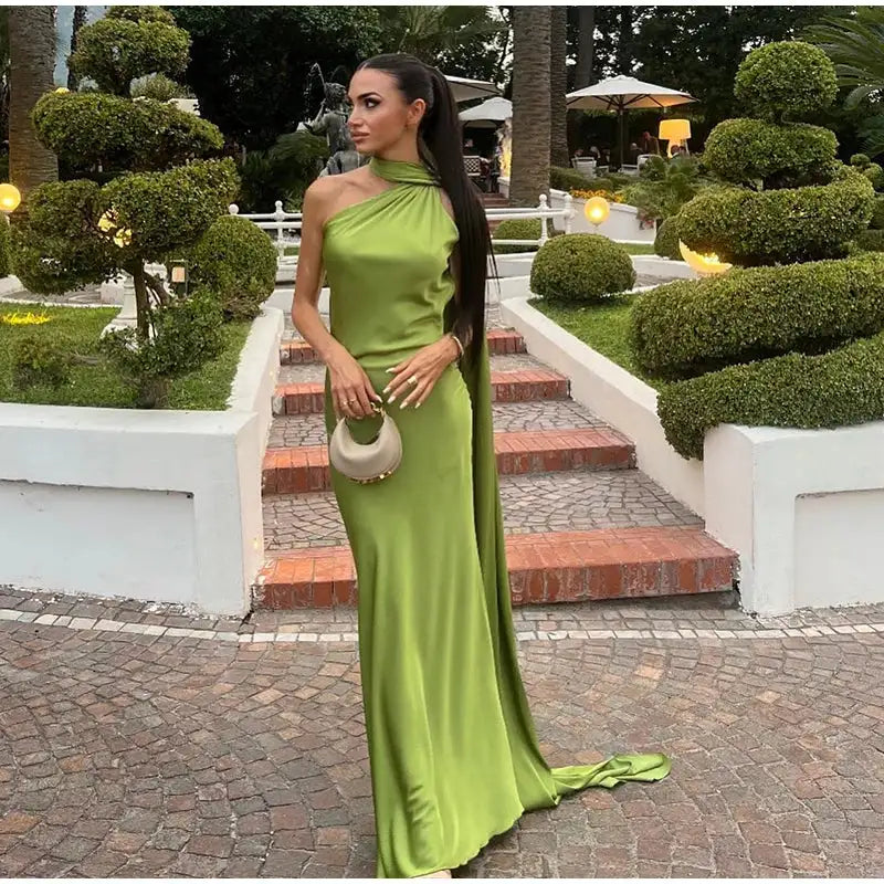 Elegant Satin Halter Slim Long Dress With Scarf Women New Sexy Backless Sleeveless Maxi Dresses Summer Lady Party Chic Vestidos