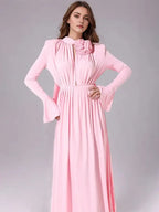 Solid Patchwork Appliques Dresses For Women Half High Collar Flare Sleeve High Waist Elegant Long Dress Female Fashion New