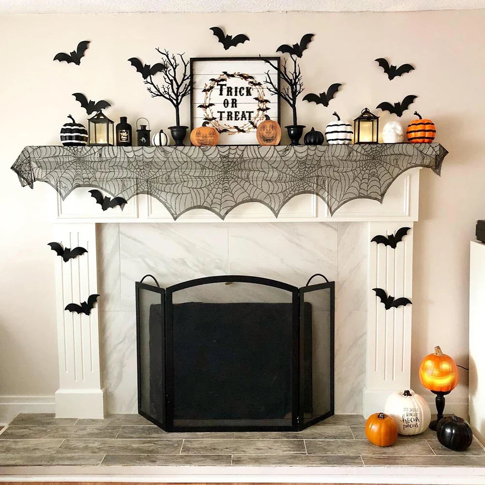 Halloween Decorations Set Spider Web Table Runner Fireplace Scarf Cover Tablecloth 3D Bats Wall Stickers Halloween Party Decor Lootquake LLC