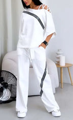 Women's White Sports Shirt+casual Pants Cotton