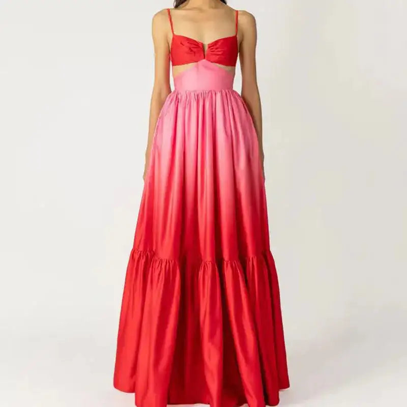 2024 New Spaghetti Strap Gradient Print Long Dress Lady Sexy V-neck Hollow Backless Evening Dress Elegant Sleeveless Slim Dress