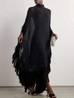 Yeezzi 2025 New Spring Fashion See-Through Tassel Party Dresses Women Batwing Sleeves Solid Color High-Neck Two Piece Set Dress