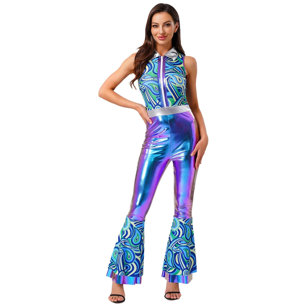Womens Halloween Retro Hippie Cosplay Costume Party Hip-hop Dance Costume Metallic Shiny Vintage Carnival Bodysuit Jumpsuit Lootquake LLC