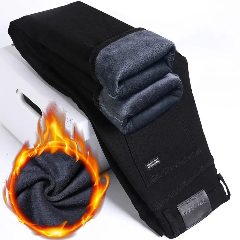 2024 New Winter Pure Black Fleece Thick Warm Jeans Men's loose Straight Elastic Denim Pants classics Casual Plush Trousers Lootquake LLC