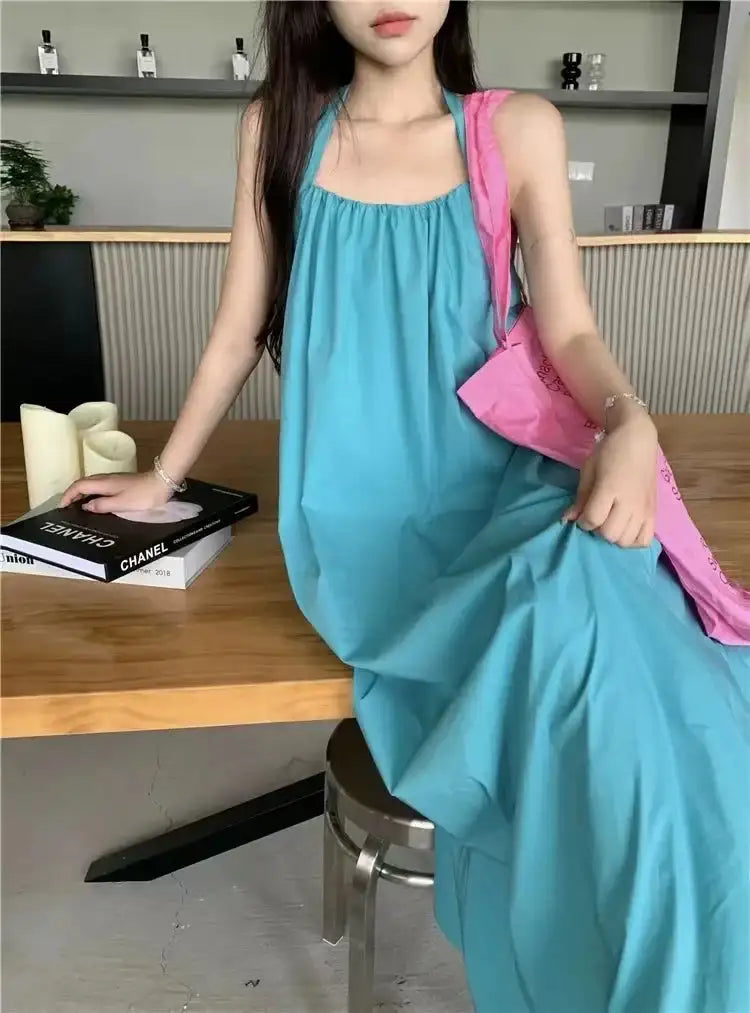 Summer Vacation Dress Thailand Style Open-back Halter Neck Age-reducing Photography Beach Long Dress Belted