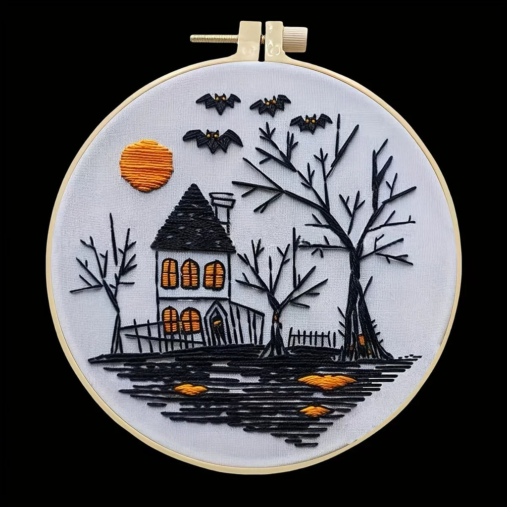 Halloween-themed pattern hand-embroidery DIY set material package, the set includes needles, threads, embroidery strips, and an Lootquake LLC