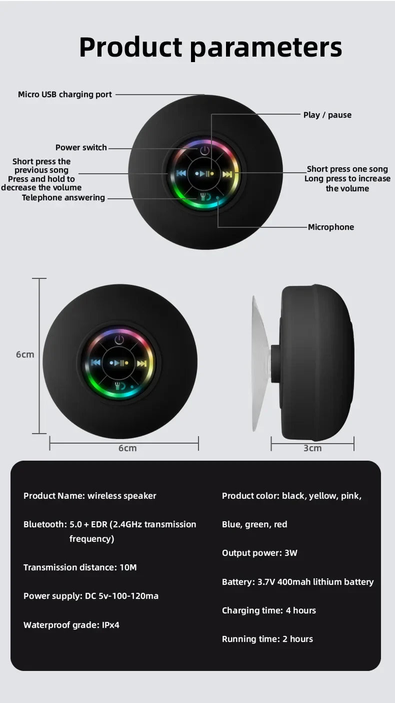 New Bathroom Waterproof Wireless LED Bluetooth Speaker Large Suction Cup Mini Portable Speaker Outdoor Sports Stereo Speaker Lootquake LLC