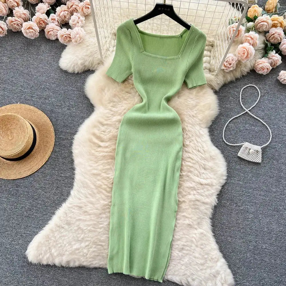 Green 2024 Sexy Summer Knit Short Sleeve Dress Women Squar Collar Waist Bodycon Sundress Female Beach  Backless Long Dress