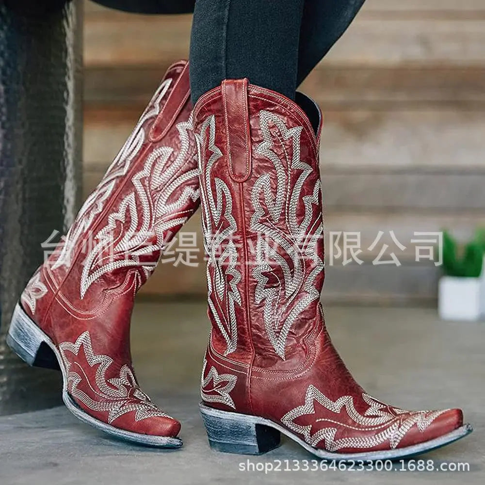 Embroidery Cowboy Boots For Women Knee High Med Calf Vintage Western Cowgirl Boots Women Heeled Casual Shoes Autumn Block Heel Lootquake LLC