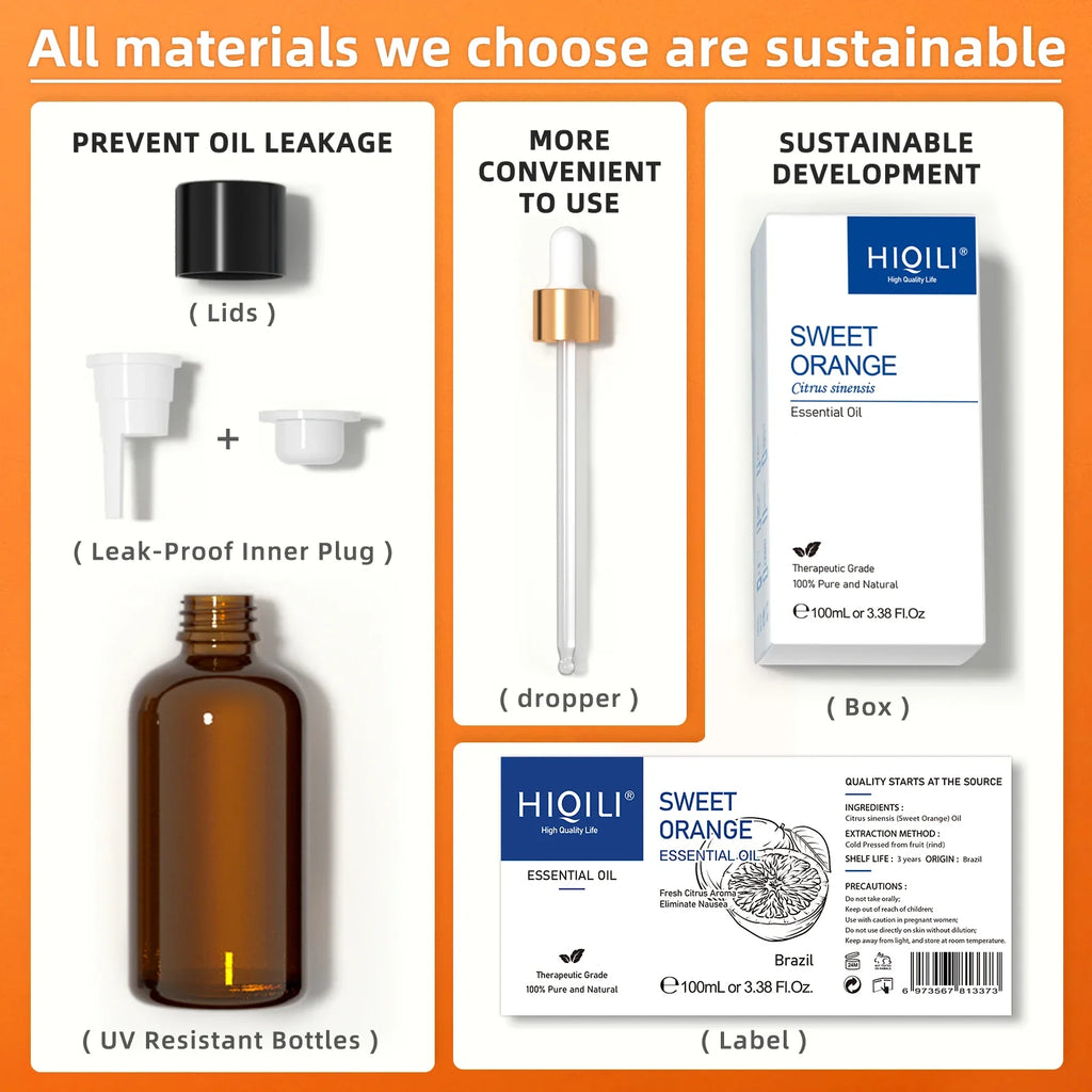 HIQILI 100ML Sweet Orange Essential Oils,100% Pure Nature for Aromatherapy, Diffuser, Humidifier, Massage, Fresh air, Candle Lootquake LLC