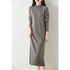 Autumn Winter Women's Wool Long Dress Cashmere Mock Neck Pullover Sweater 100% Merino Wool Soft Knitwear OL Simple Basic Dress Lootquake LLC