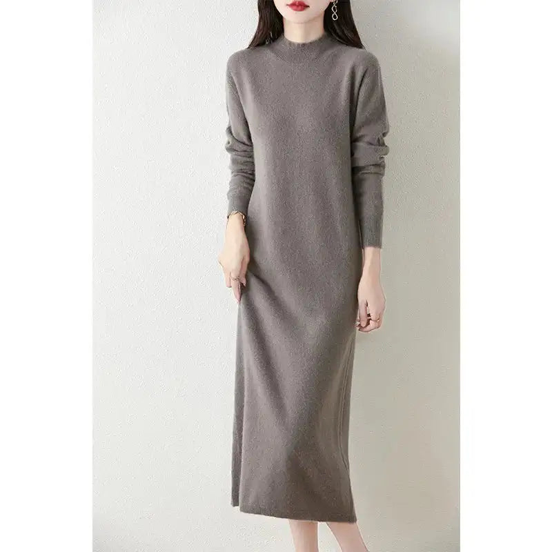 Autumn Winter Women's Wool Long Dress Cashmere Mock Neck Pullover Sweater 100% Merino Wool Soft Knitwear OL Simple Basic Dress Lootquake LLC