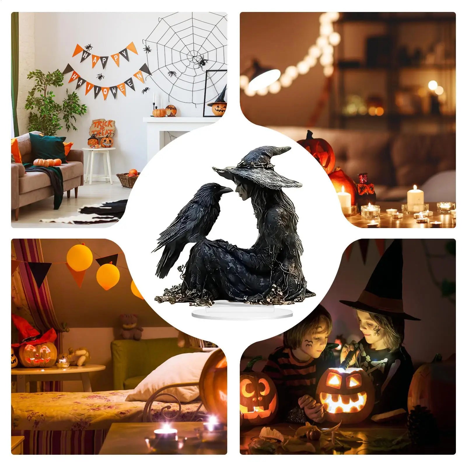 Halloween Desk Decor 2D Acrylic Indoor Tabletop Sign Gothic Witch Crow Ornament for Halloween Dorm Nightstand Studio Shelf Lootquake LLC