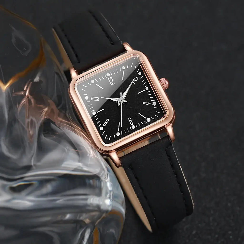 3PCs/Set Women's Fashion Watch Square Simple Dial Leather Quartz Watch Set